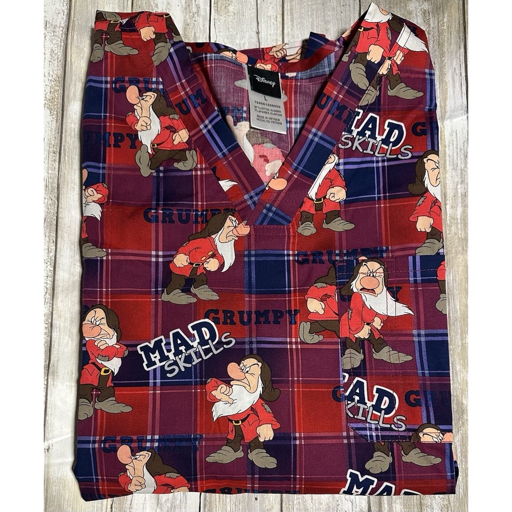 NWT Disney Cherokee Tooniform Men's Size Large‎ Scrub Top Grumpy Mad Skills